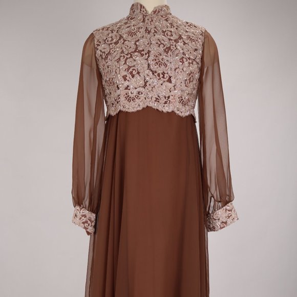 Vtg 80's Chocolate Brown Long Chiffon Maxi Lace Sequin Wedding Party Cocktail - Picture 1 of 10